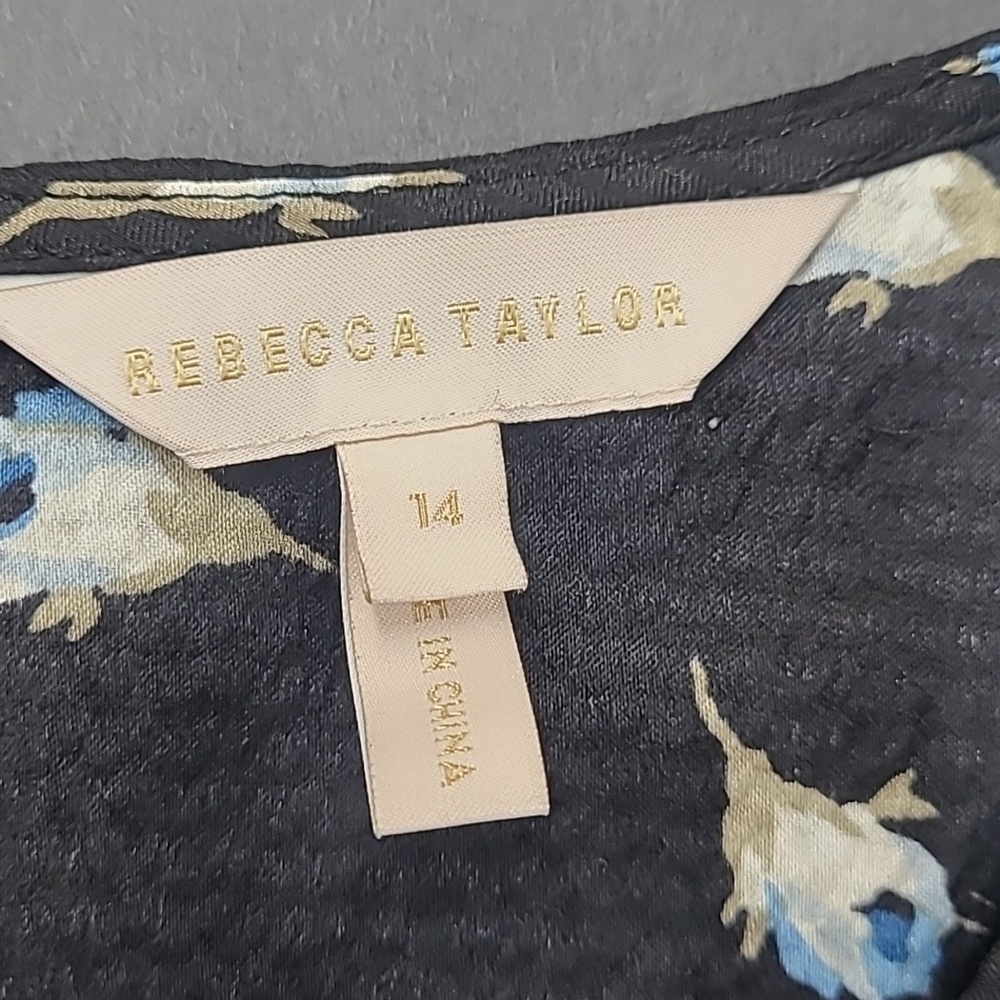 Rebecca Taylor Black Silk Floral Patterned Shortsleeve Women's Top Size 14/L - Picture 7 of 10